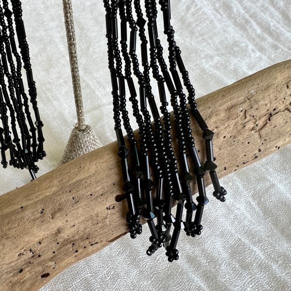 Vintage Jet Glass Beaded Shoulder Duster Earrings – 6″ Long – Sterling Hooks - Picture 2 of 8